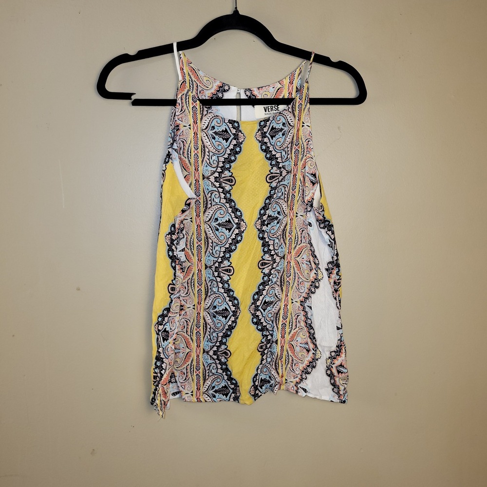 Verse Womens Paisley Print Halter Top Small Yellow Blue Sleeveless Rayon USA